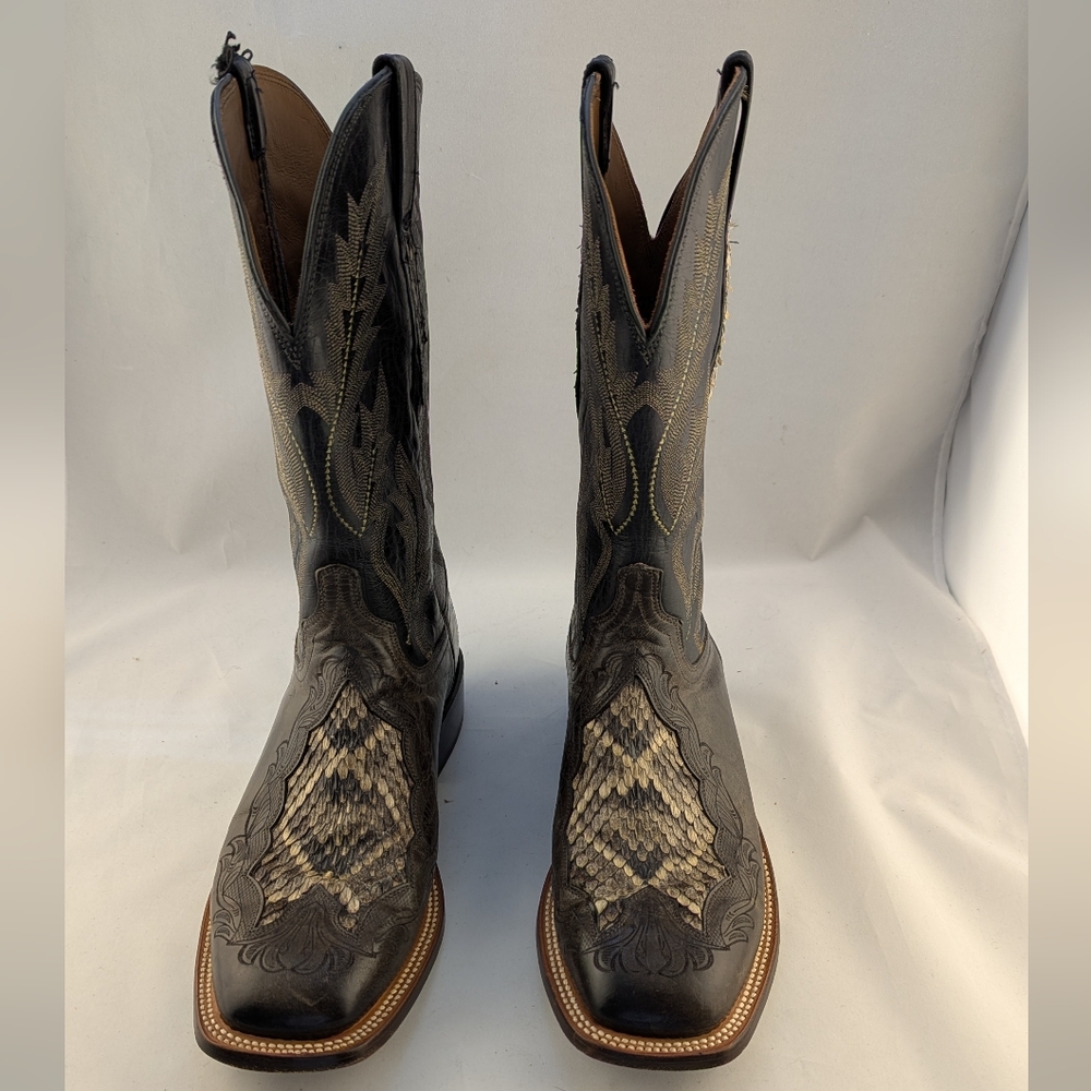 Lucchese Black and Tan Square Toe Boa Cowboy Boots with Geometric Stitching